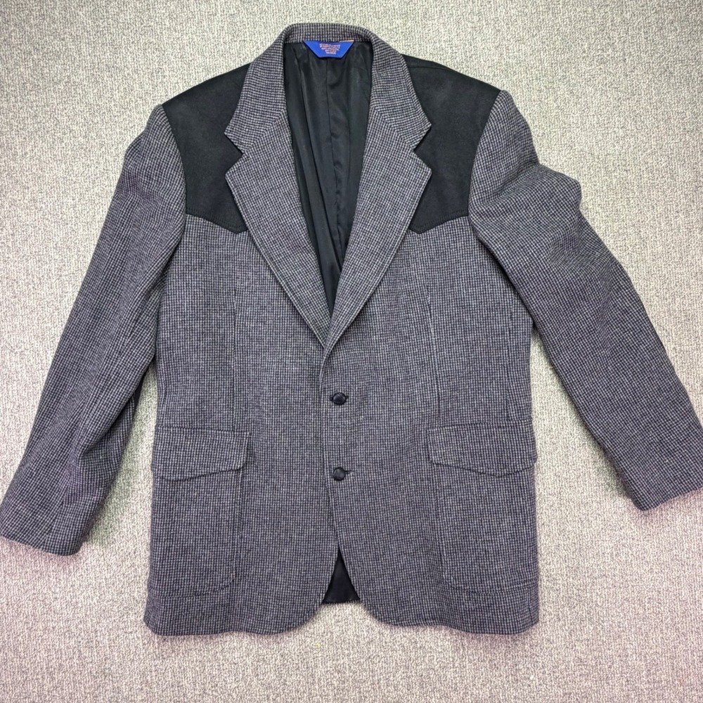 Pendleton Mens 46L Gray Wool Houndstooth Western Blazer Sport Coat Elbow Patches